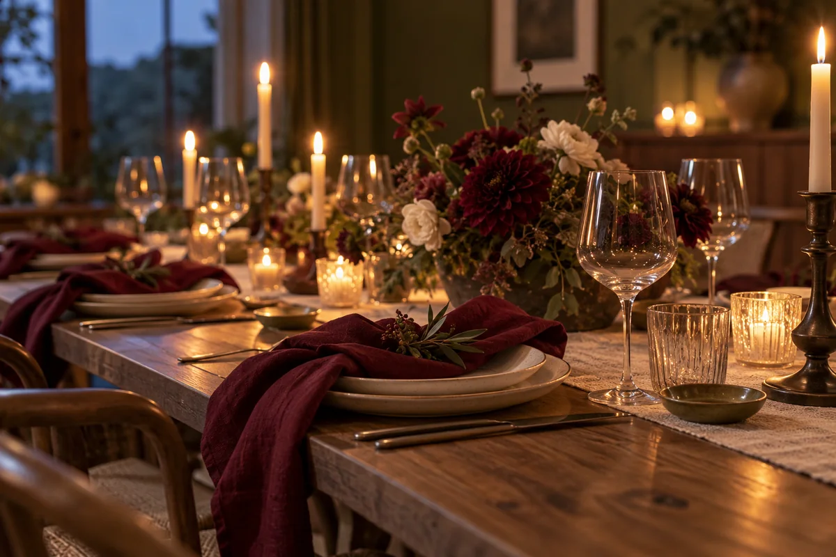 Inspiration de table du soir avec linge bordeaux, verrerie et lumière chaleureuse des bougies