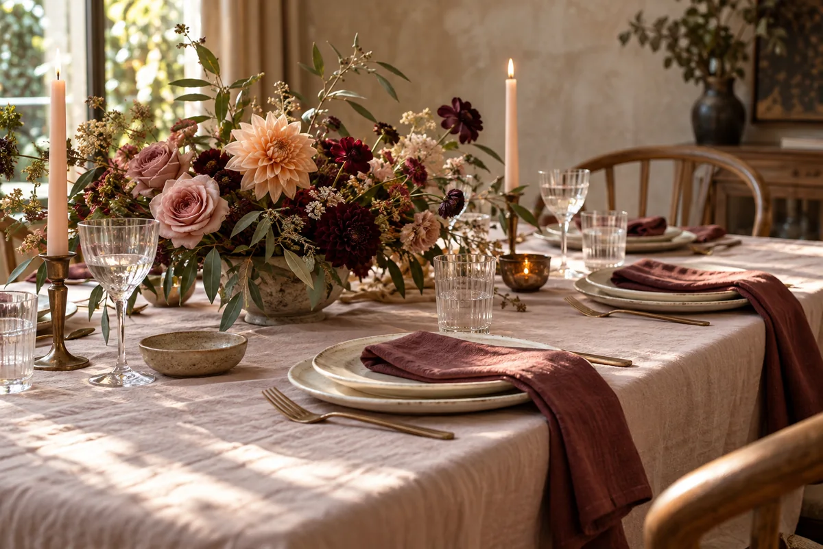 Inspiration de table de fête colorée avec fleurs et couverts disposés pour chaque invité