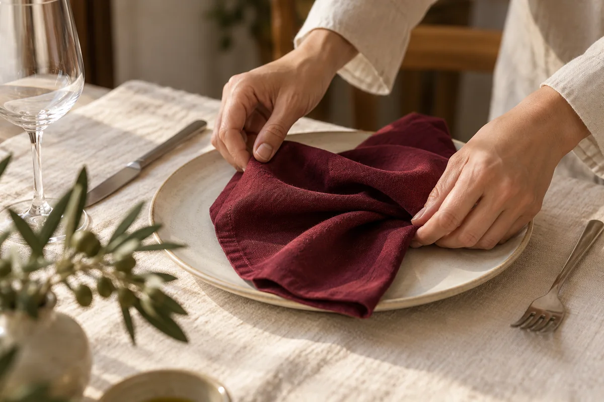 Mains pliant une serviette en lin bordeaux sur une assiette en céramique