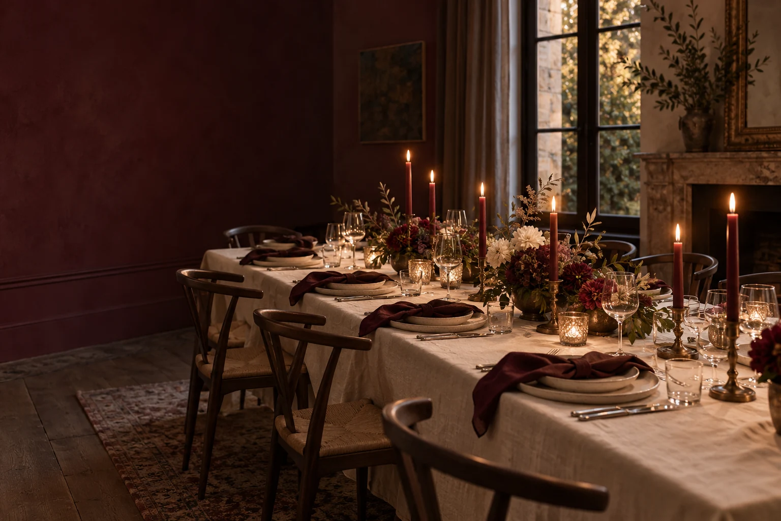 Inspiration de table du soir avec linge bordeaux, verrerie et lumière chaleureuse des bougies