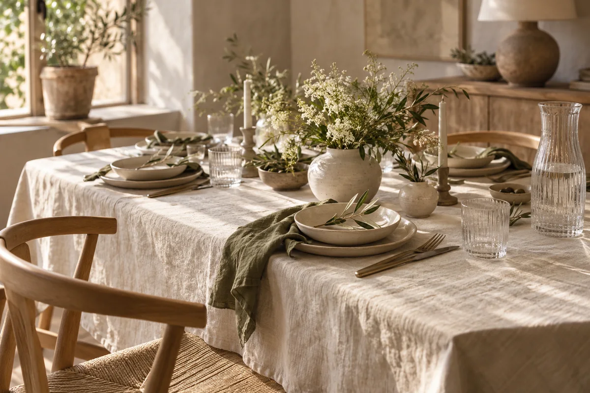 Inspiration de table en lumière naturelle avec lin, assiettes en céramique et feuillages